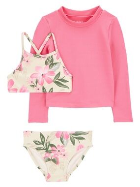Carter's Pink Long-Sleeve Rash Guard with Cream Floral Bikini Set